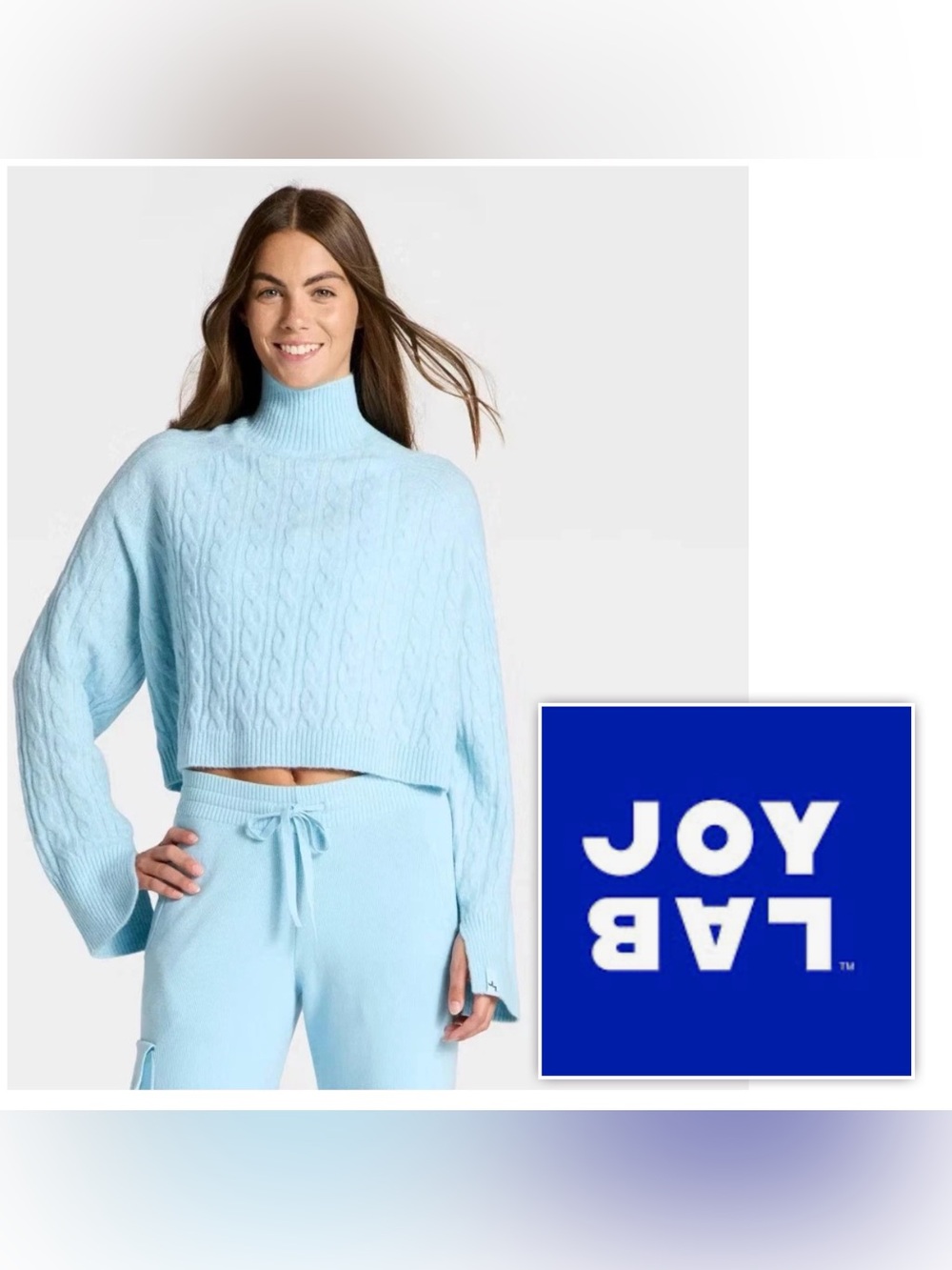 NWT $45 JOYLAB Women XS Light Blue Cable-Knit Turtleneck Cropped Sweater Top